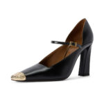 Black Metal Cap Toe Buckle Strap Block Heel Mary Jane Pumps