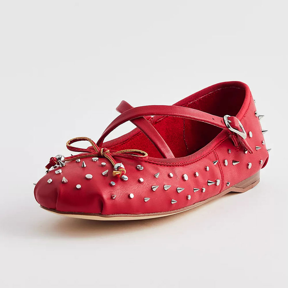 6ffd31ac0677685e59538dfd5e1371c8.jpg Red Round Toe Studded Mary Jane Ballet Flats with Bow Decor - Image 1