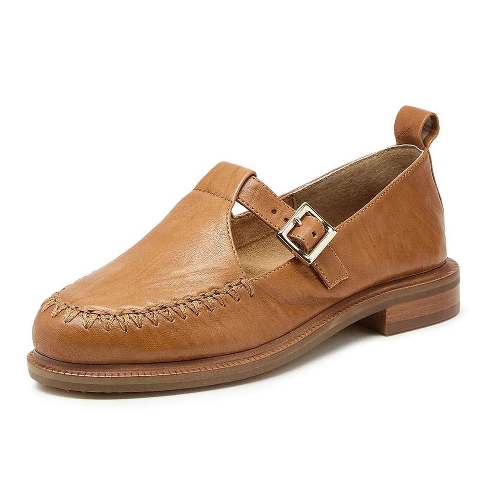 70a50f3660e0476ab3d90466ffe28425.jpg FSJ Brown Stitching Round Toe Buckle T-Strap Mary Jane Flats - Image 1