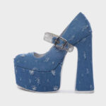 Blue Denim Round-Toe Vintage Platform Mary Jane Pumps with Rhinestone