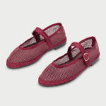 Burgundy Round Toe Buckle Strap Mesh Mary Jane Flat Shoes for Women