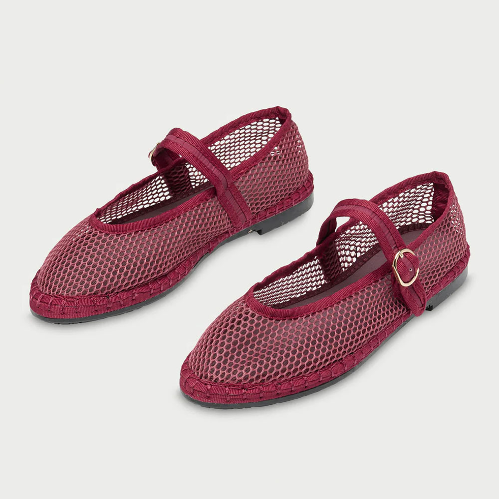 7941ea83ad68412d067a2f6ba77f9ae1.jpg Burgundy Round Toe Buckle Strap Mesh Mary Jane Flat Shoes for Women - Image 1