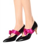 Rhinestone Cone Heel Black Mary Jane Pumps with Hot Pink Bow