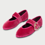 Pink Velvet Round Toe Heart-Shaped Rhinestone Buckle Mary Jane Flats