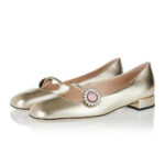 Gold Metallic Square Toe Rhinestone Decor Strap Mary Jane Flats