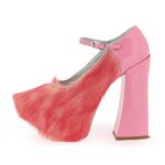 Patent Leather & Faux Fur Pointy Toe Platform Mary Jane Pumps in Pink