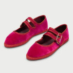 Vibrant Fuchsia Velvet Round Toe Decor Buckle Flat Mary Jane Shoes