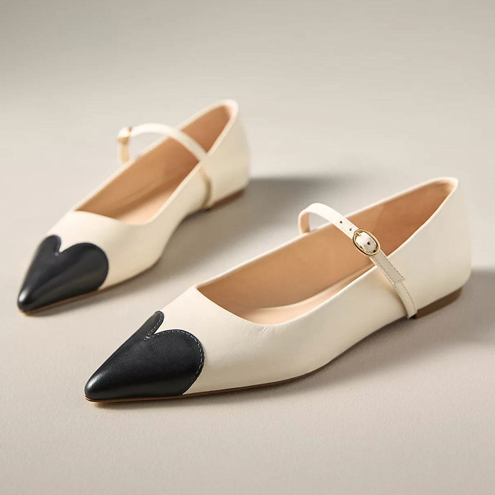 80e199a8619bc46e48560fc8fccb7e11.jpg Chic Ivory Buckle Strap Heart Pointed Toe Mary Jane Flat Shoes Women - Image 1