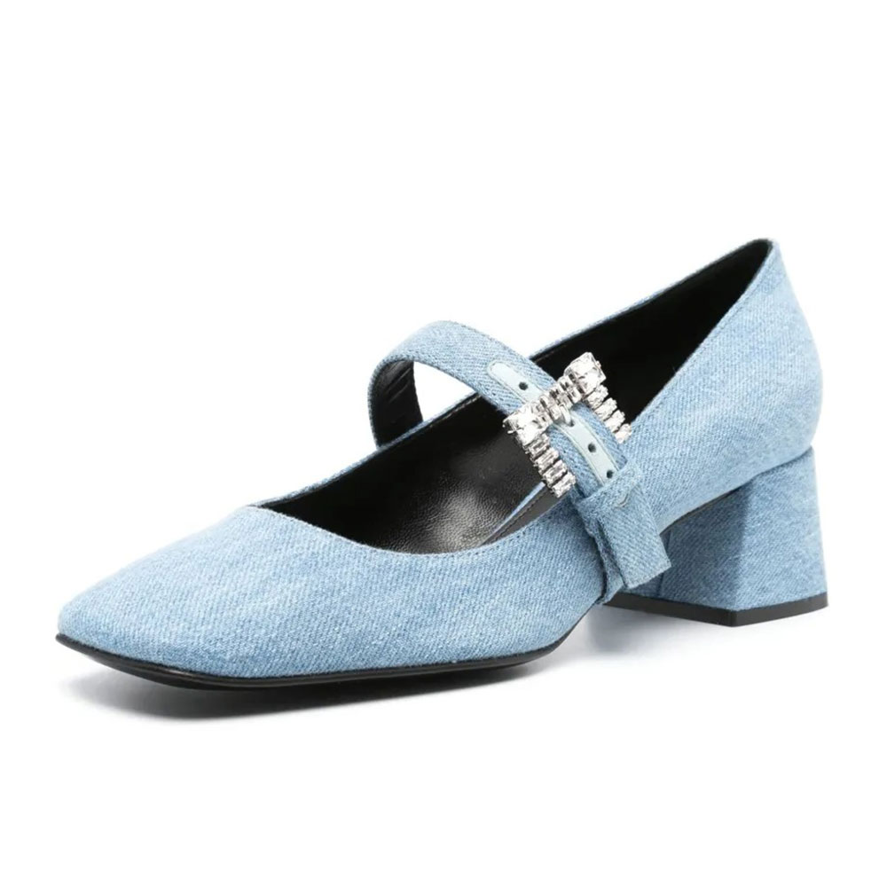822ab660f2da50b53cc9064d4da0c9ac.jpg Light Blue Denim Square Toe Rhinestone Buckle Mary Jane Heels - Image 1