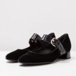 Black Velvet Mary Jane Pumps Buckle Block Heels Office Shoes