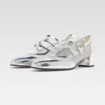 Patent Leather & Mesh Buckled Strappy Mary Jane Heels in Silver
