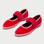 Vibrant Red Velvet Round Toe Elastic Strap Flat Mary Jane Shoes