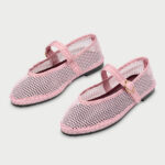 FSJ Pale Pink Mesh Round Toe Casual Flat Mary Jane Shoes with Piping