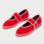 Red Velvet Rhinestone Heart Buckle Mary Jane Flat Shoes for Women