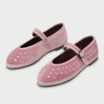 Cute Pink Velvet Round Toe Buckle Strap Mary Jane Shoes with Crystal