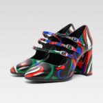 Multi Color Printed Square Toe Buckled Triple Strap Mary Jane Heels