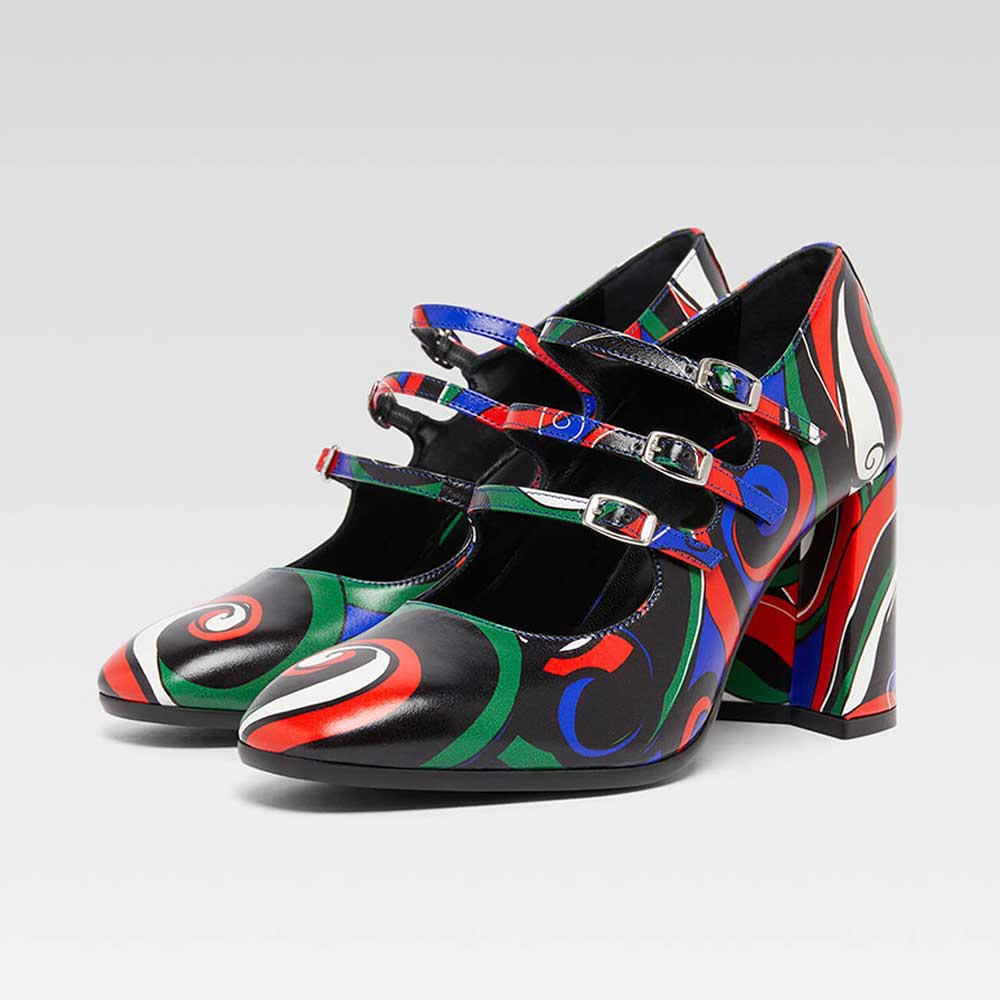 98147d9fd5085c83126dd438a4699185.jpg Multi Color Printed Square Toe Buckled Triple Strap Mary Jane Heels - Image 1