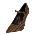 Classic Brown Plaid Pointed Toe Buckle Strap Mary Jane Heels