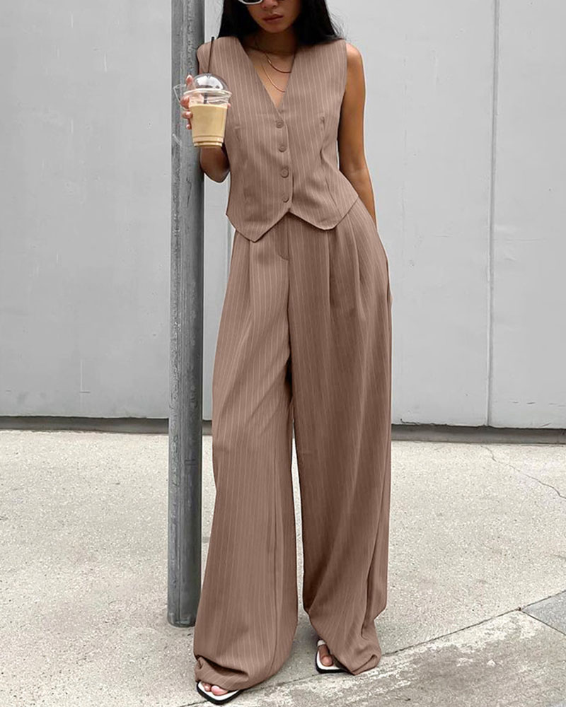 9c7516b1b66a2c3af85ab17f8311979c.jpeg Retro V-neck striped two-piece set - Image 1
