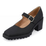 Black Square Toe Office Buckle Strap Mary Jane Heels with Lug Sole