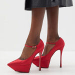 Red Satin Platform Stiletto Heels Women's Pointed Toe Mary Jane Pumps