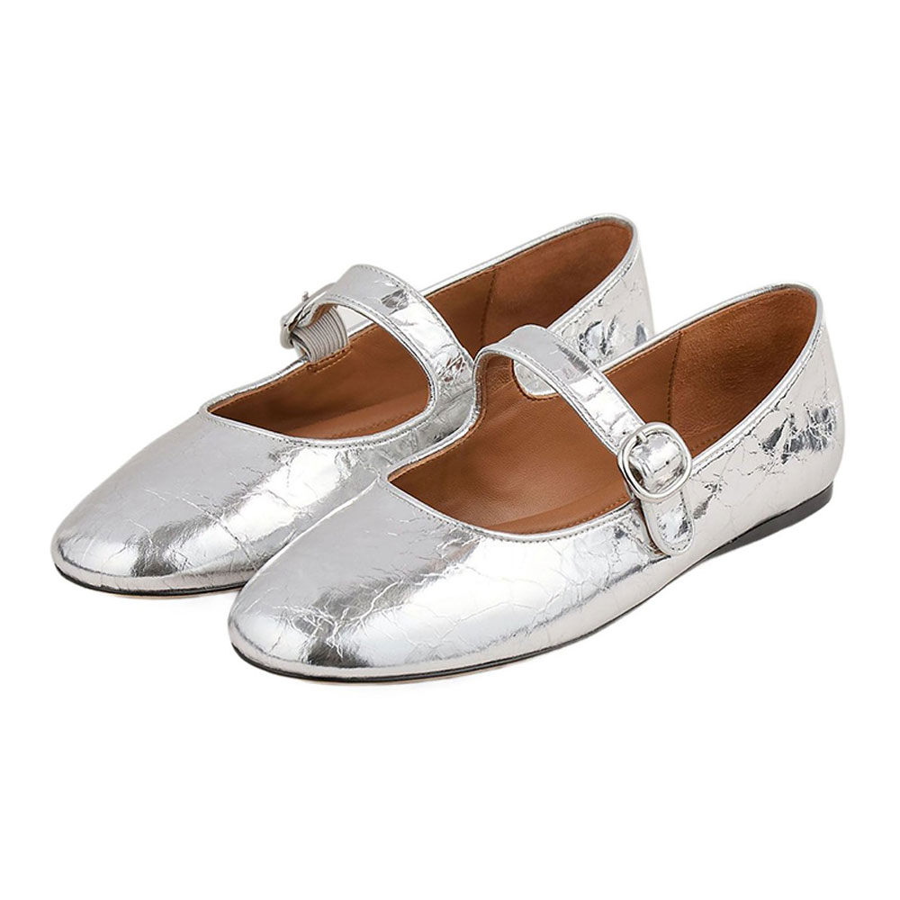 a0bbe49f226b44f78502dd2b2b060410.jpg Silver Metallic Finish Round Toe Buckle Strap Mary Jane Flats - Image 1