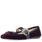 FSJ Velvet Rhinestone Buckle Bow Mary Jane Flats in Burgundy