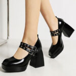 Round Toe Platform Mary Jane Shoes Women's Straps Block Heels