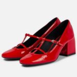 Red Patent Leather Round Toe Mary Jane Buckled Straps Pumps Heels