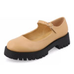 Light Tan Lug Sole Platform Round Toe Mary Jane Heels for Women