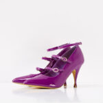 Purple Patent Leather Buckle Pointy Toe Cone Heel Mary Jane Pumps