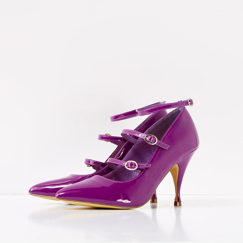 a907e1538c653d471c84d8f48cc568ce.jpeg Purple Patent Leather Buckle Pointy Toe Cone Heel Mary Jane Pumps - Image 1