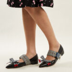 Black Pointed Toe Buckled Women's Mary Jane Flats with Bow