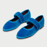 Chic Blue Velvet Ruched Elastic Strap Mary Jane Flat Shoes for Women