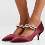 Burgundy Satin Pointed Toe Pearl Strap Kitten Heel Mary Jane Pumps