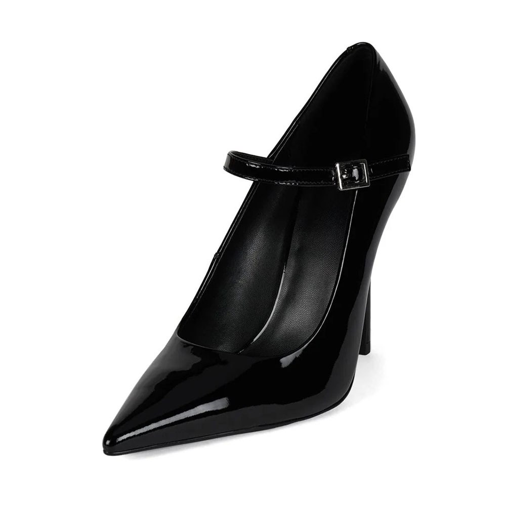 b185eae123e29c32e437a81d9622b89e.jpg Black Pointed Toe Buckle Strap Stiletto Heel Mary Jane Pumps - Image 1