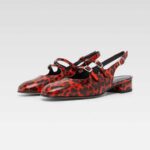 Red & Black Square Toe Leopard Print Mary Jane Heels with Slingback