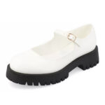 Elegant Round Toe Lug Sole Platform Buckle Mary Jane Shoes in White