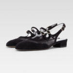 Black Vegan Suede & Mesh Flat Mary Jane Pumps with Slingback