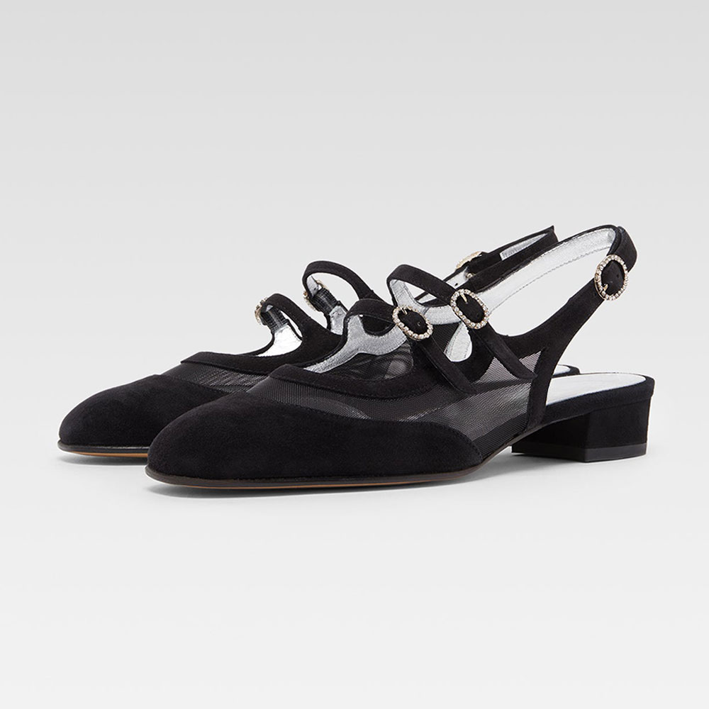 bc59142577763d9b8f125c4e2f4b1e3b.jpg Black Vegan Suede & Mesh Flat Mary Jane Pumps with Slingback - Image 1