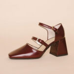 Stylish Maroon Square Toe Double Buckle Straps Mary Jane Heels