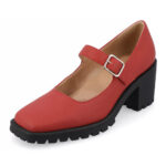 FSJ Women's Square Toe Block Heel Mary Jane Shoes in Red