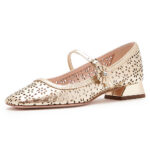 Champagne Metallic Hollow-Out Crystal Buckled Strap Mary Jane Heels