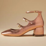 Rose Gold Metallic Square Toe Triple Strappy Mary Jane Heels