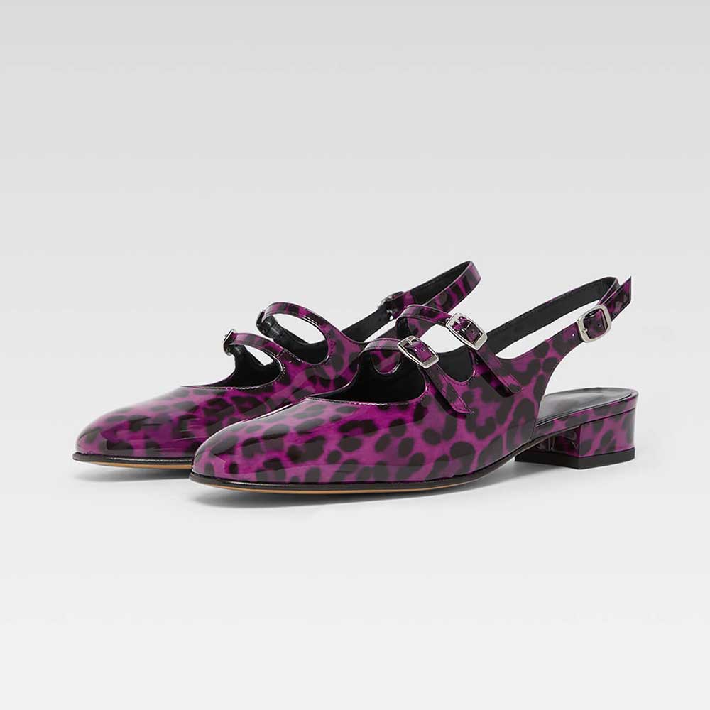 c838730cda50a65258b9ec542aa3f577.jpg Purple Square Toe Leopard Printed Slingback Heeled Mary Jane Shoes - Image 1