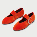 FSJ Orange Velvet Round Toe Mary Jane Flats with Rhinestone Buckle