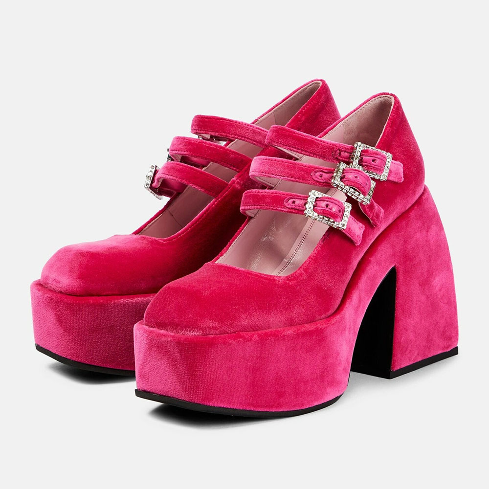 cc77d4cc2e1964fef04d45eb560e54a8.jpg Hot Pink Square Toe Triple Rhinestone Buckle Strap Mary Jane Heels - Image 1