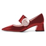 Red Mirror Leather Satin Flower Block Heel Mary Jane Pumps