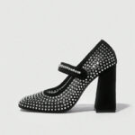 Black Square Toe Chunky Heel Rhinestones Net Mary Jane Pumps