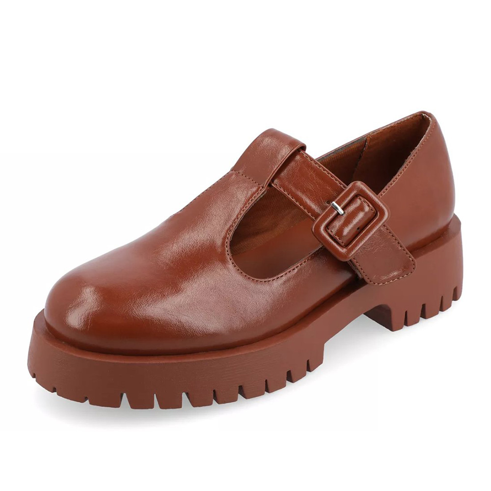 d47c4d00bf7ba6a38eeb581ebbf9f124.jpg Vintage Brown Round Toe Lug Sole Platform T-Strap Mary Jane Heels - Image 1